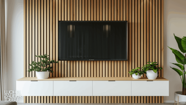 TV Wand Ideen mit Holzlamellen