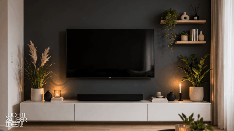 TV Wand Ideen mit dunkler Akzentfarbe