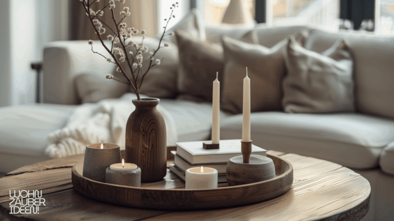 Wohnzimmer mit dekorativen Tabletts