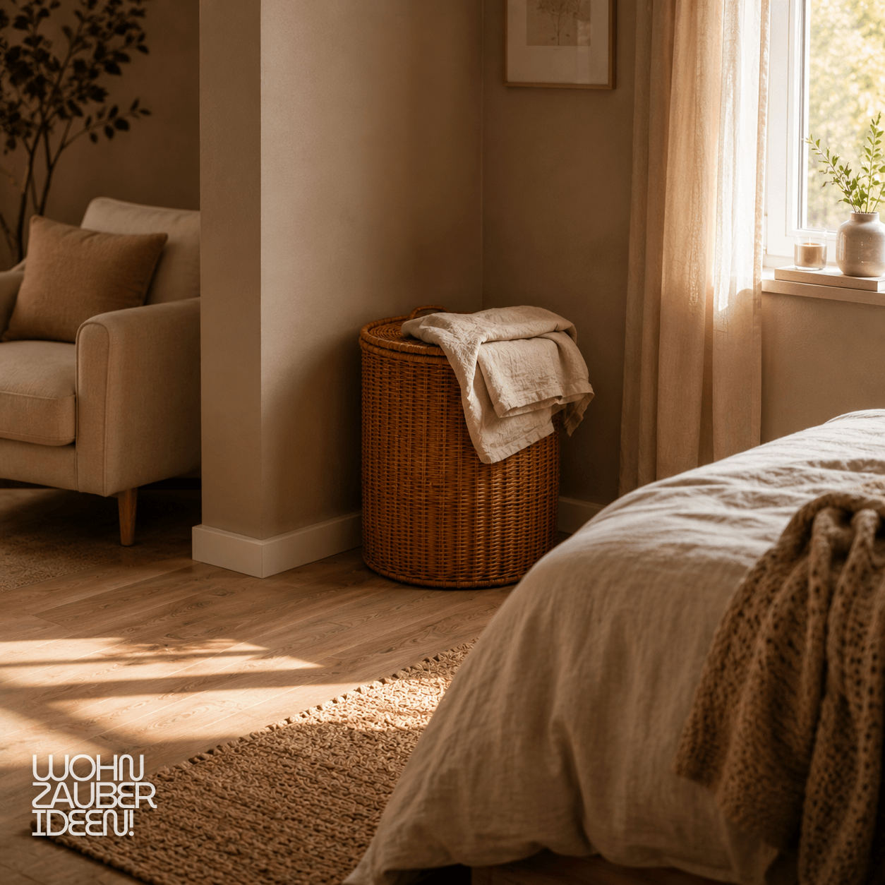 Rattan-Wäschekorb und Naturmaterialien neben dem Bett