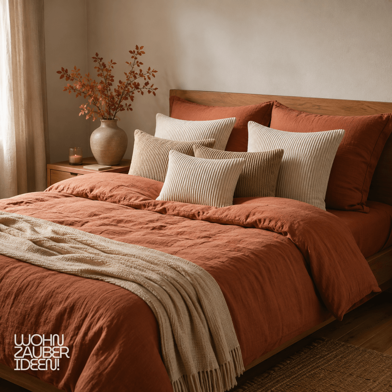 Flanell-Bettwäsche in Terrakotta auf dem Bett