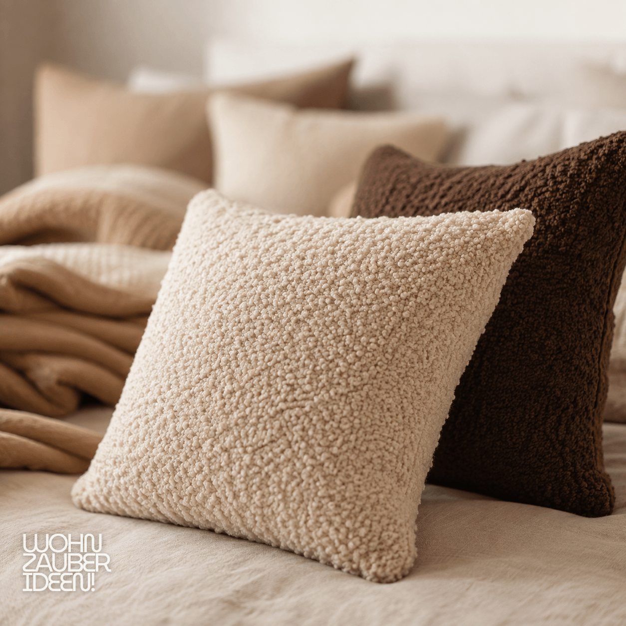 Bouclé-Kissen in Creme und Schokobraun