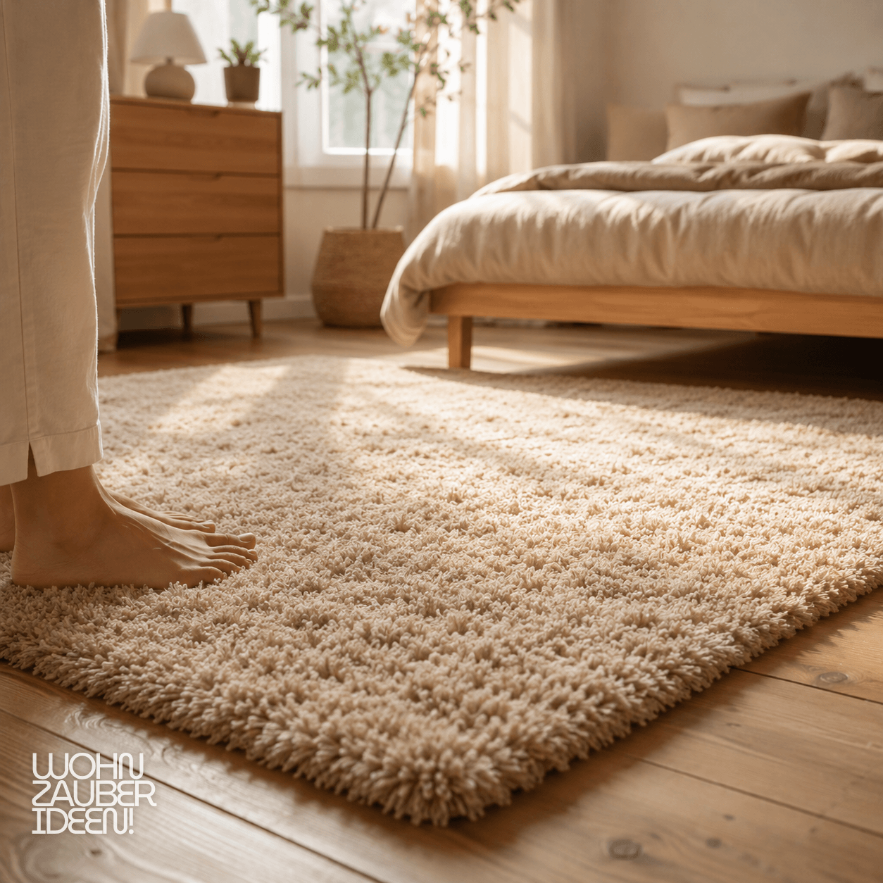 Kuscheliger Hochflor-Teppich als Bettvorleger im gemütlichen Schlafzimmer