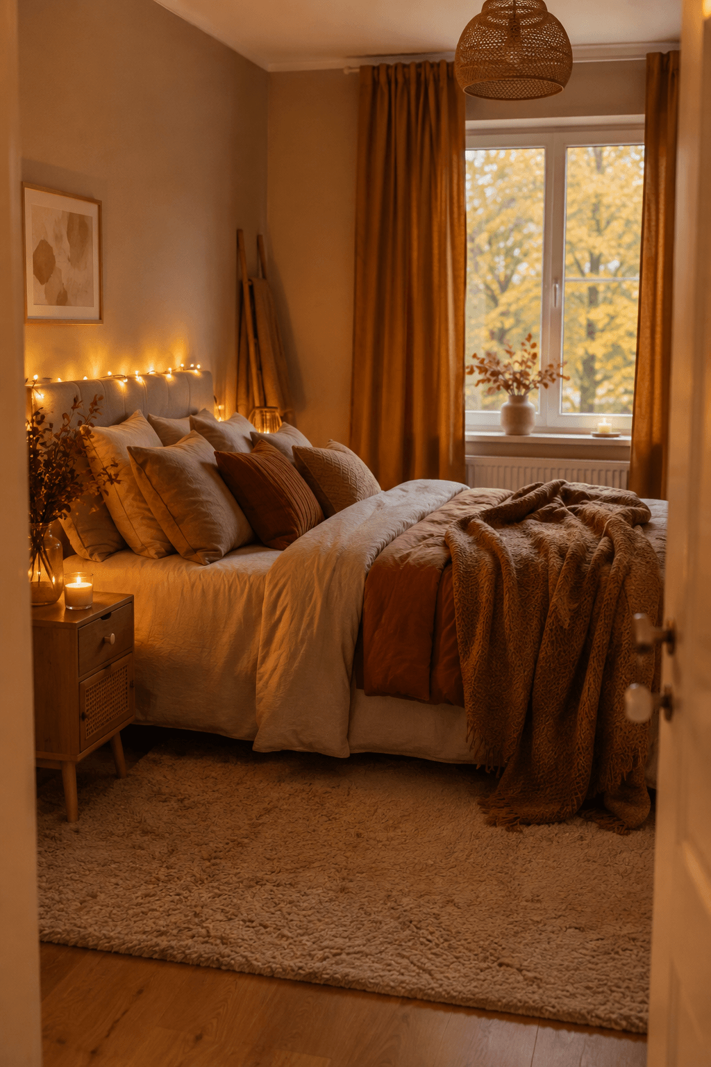 Gemütliches Schlafzimmer im Herbst